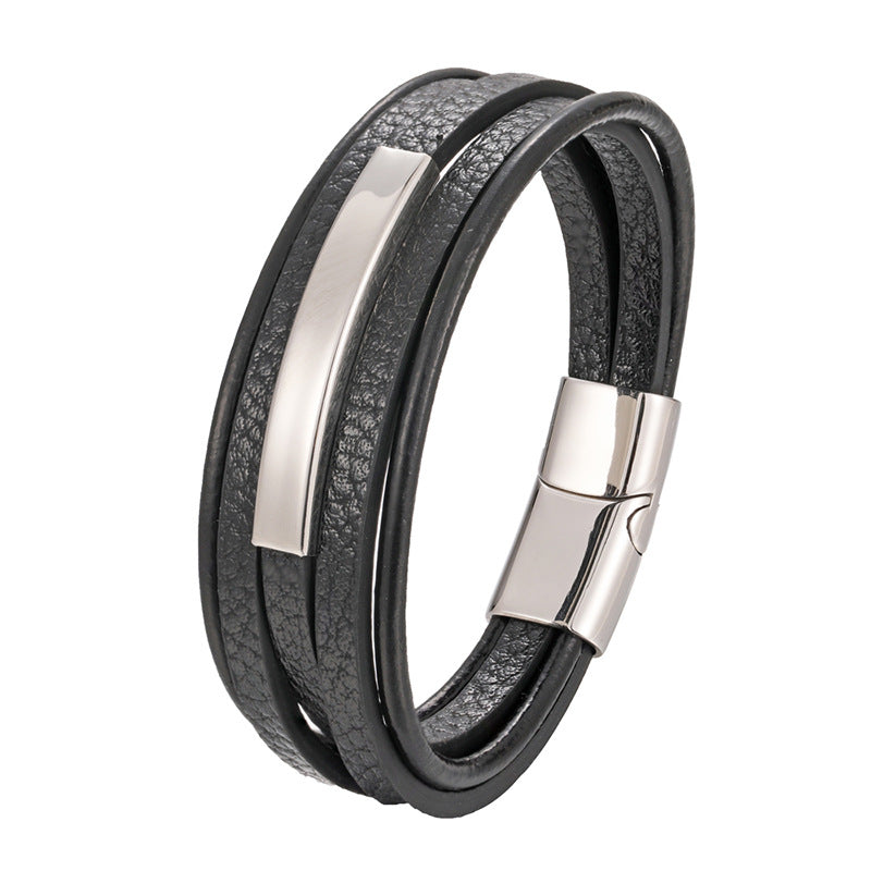 Pulsera de cuero negra para hombre con placa plateada – Pulsera elegante para él