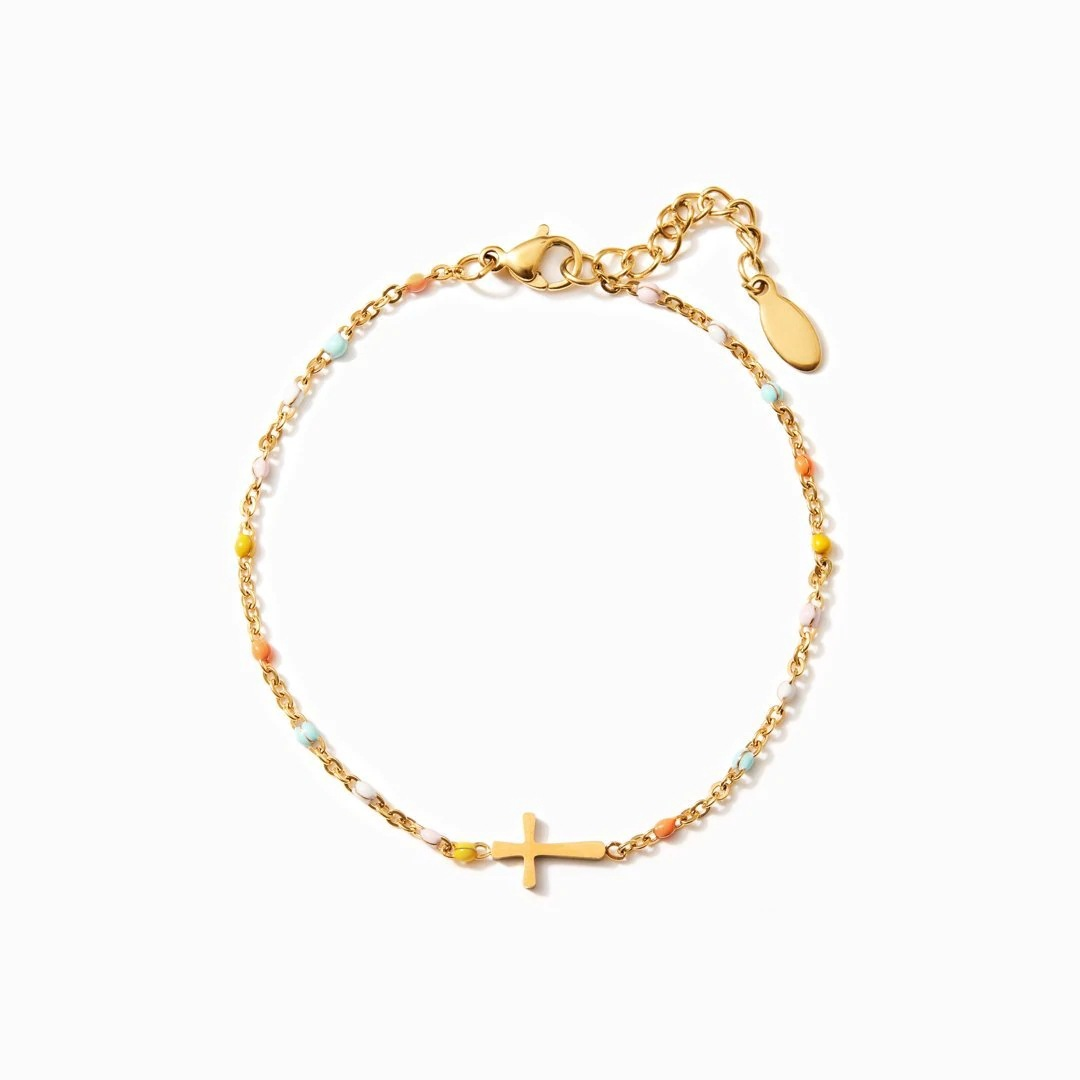 Pulsera con Cruz y Cuentas de Colores – Dorada y Plateada