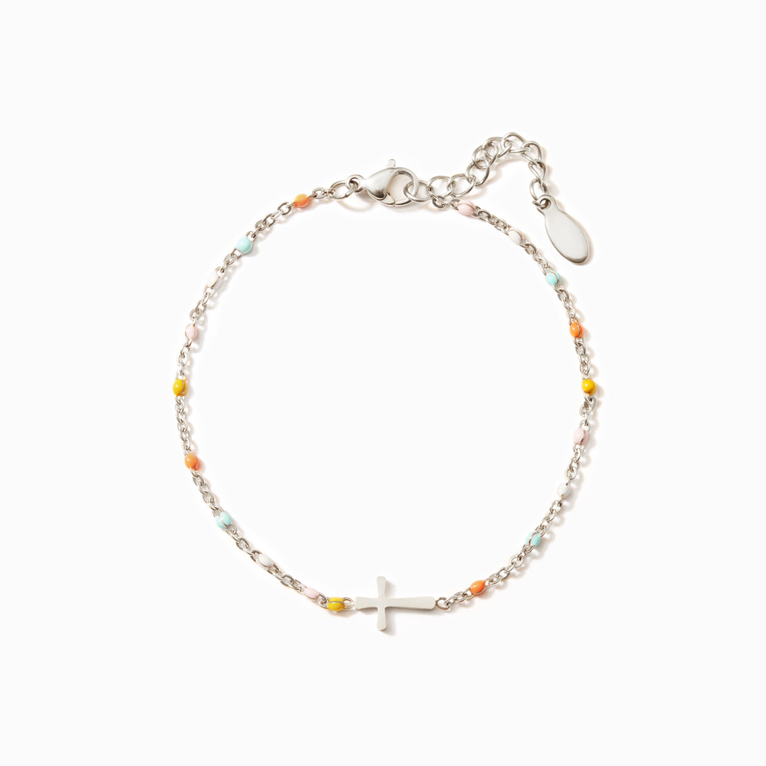 Pulsera con Cruz y Cuentas de Colores – Dorada y Plateada