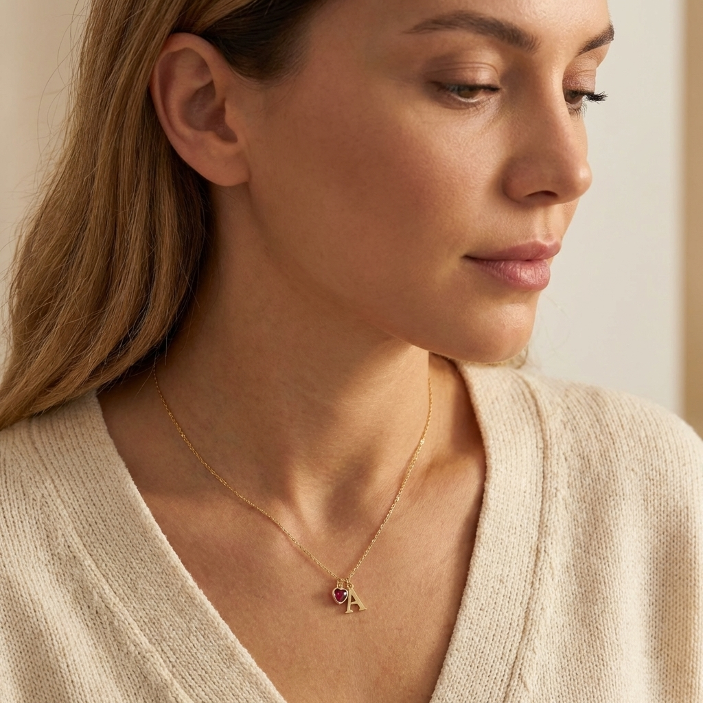 Collar con inicial y colgante con piedra de nacimiento