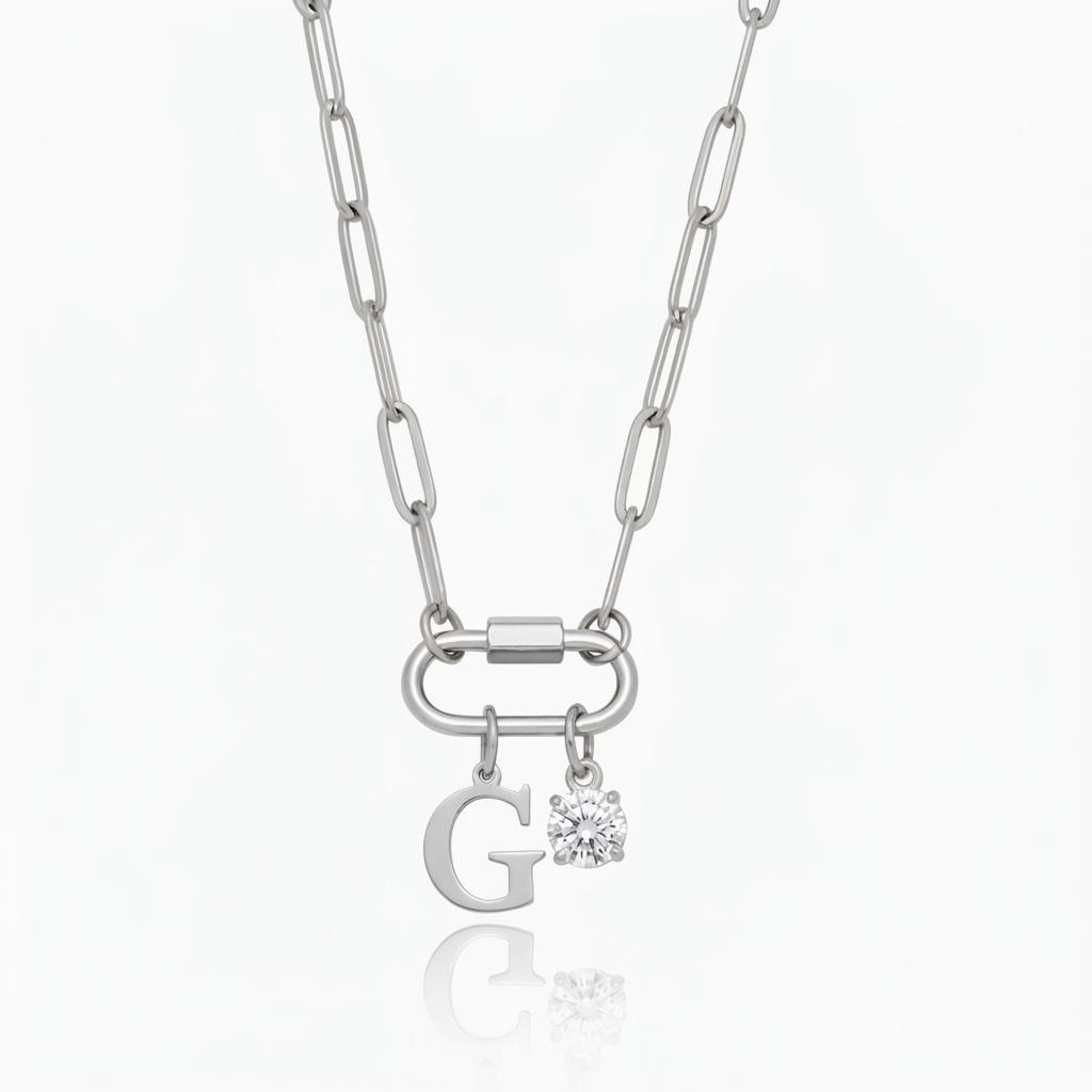 Collar con cierre de mosquetón y colgante, con inicial y piedra de nacimiento