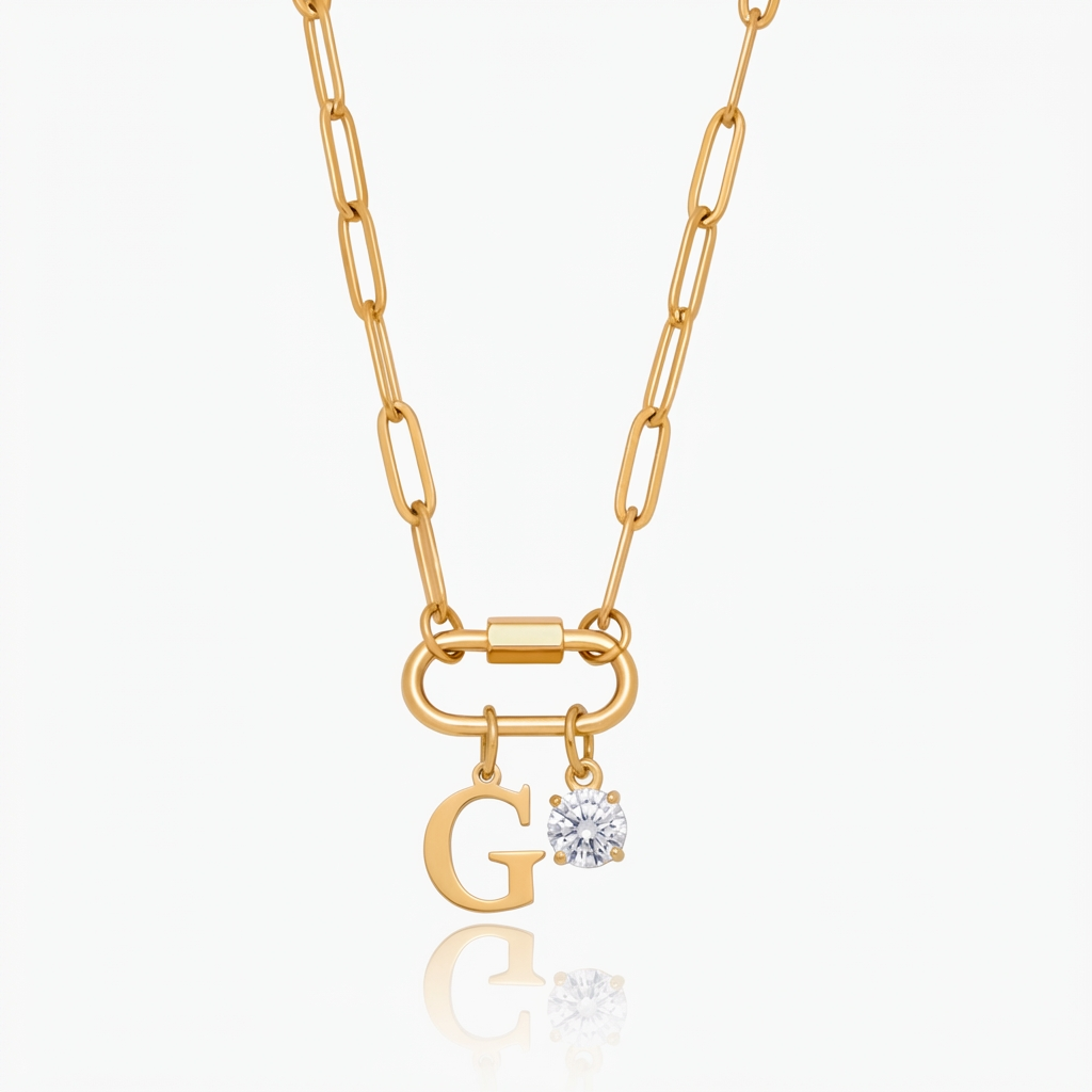 Collar con cierre de mosquetón y colgante, con inicial y piedra de nacimiento